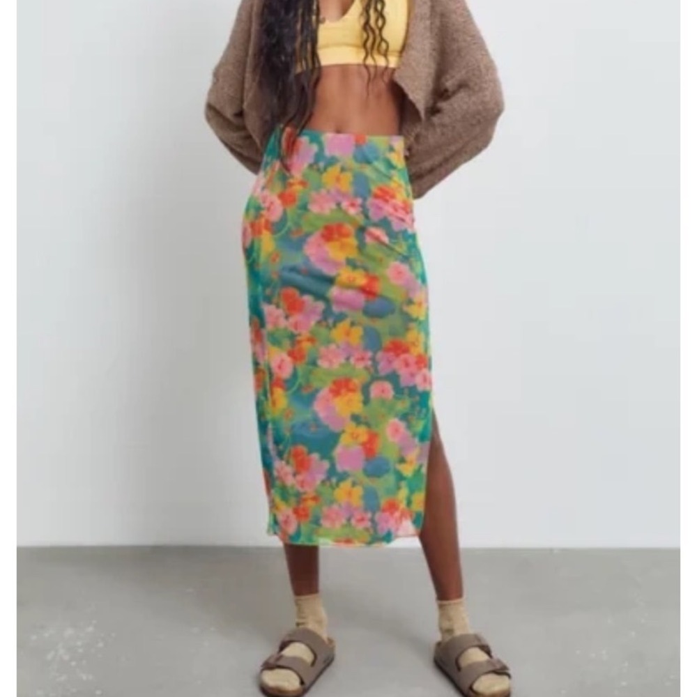 Urban Outfitters Frankie Mesh Midi Skirt Floral Print Side Slit Green 90s Boho M